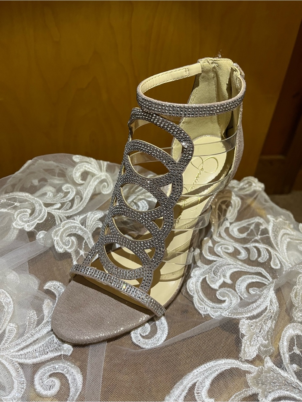Jessica Simpson Rose Gold Rhinestone Cage Block Heel Sandal